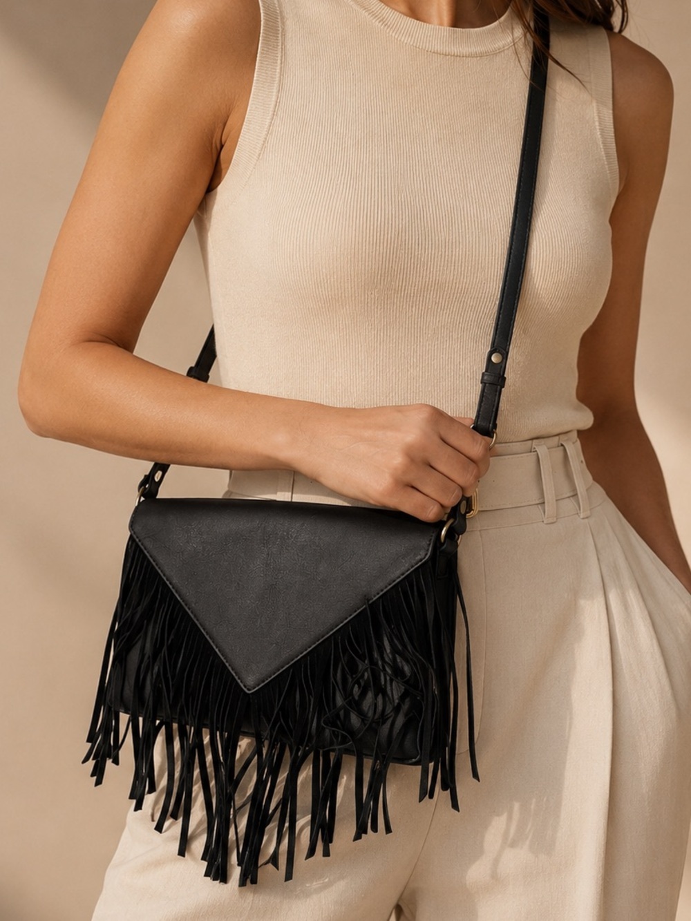 Stella & Dot Black Fringe Crossbody Bag Boho Festival Faux Leather Purse